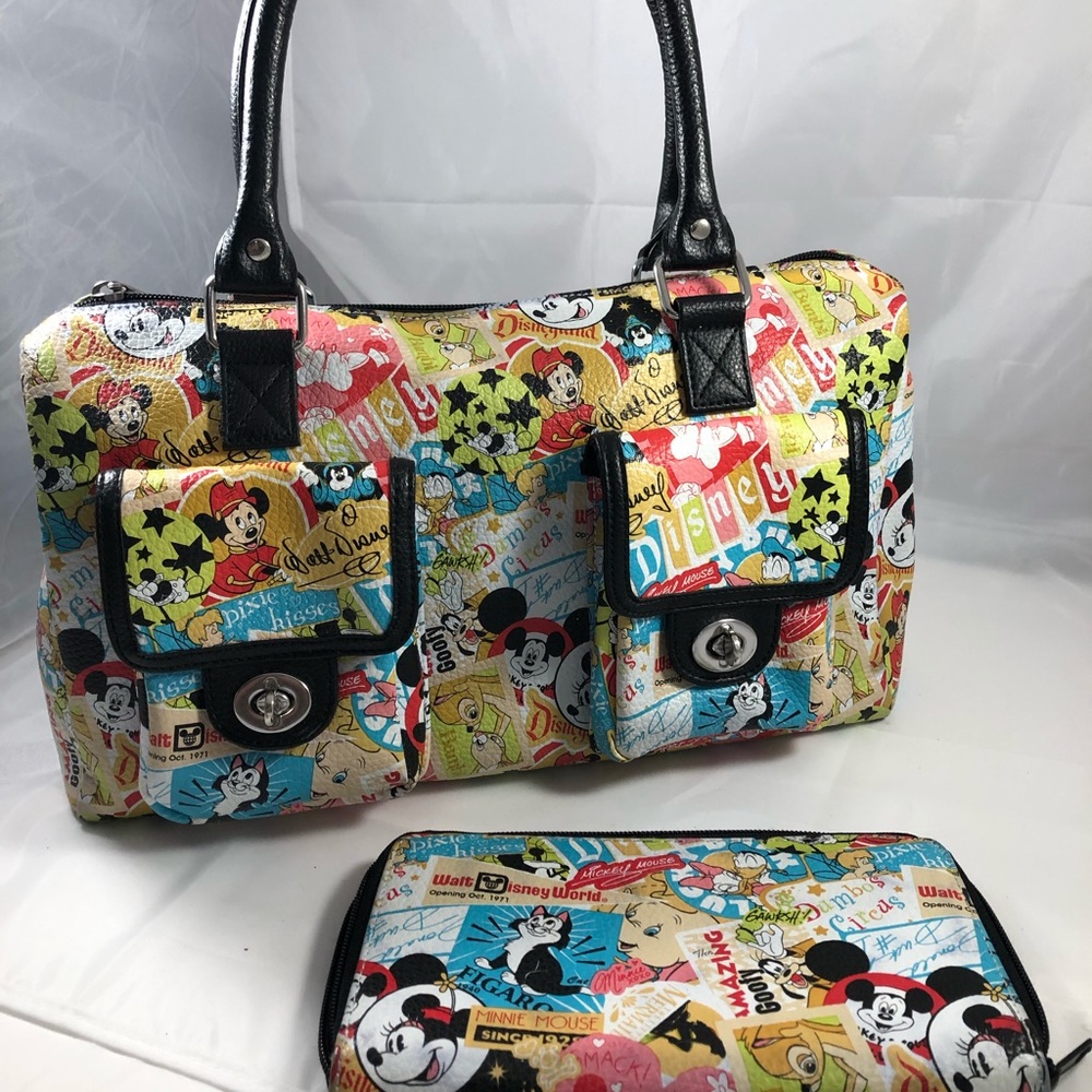 Disney Parks Classic Collage Barrel Purse & Wallet
